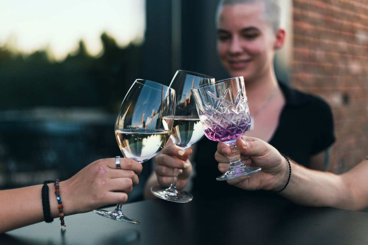 Services Friends toasting with wine and cocktails outdoors, capturing a moment of joy and celebration.